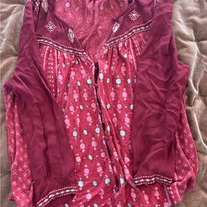 Lucky Brand Maroon Pink Printed Button-Front Blouse